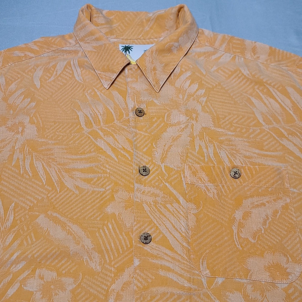 Banana Cabana Button Up Shirt Men XL Orange 100% Silk Tropical Jacquard Hawaiian
